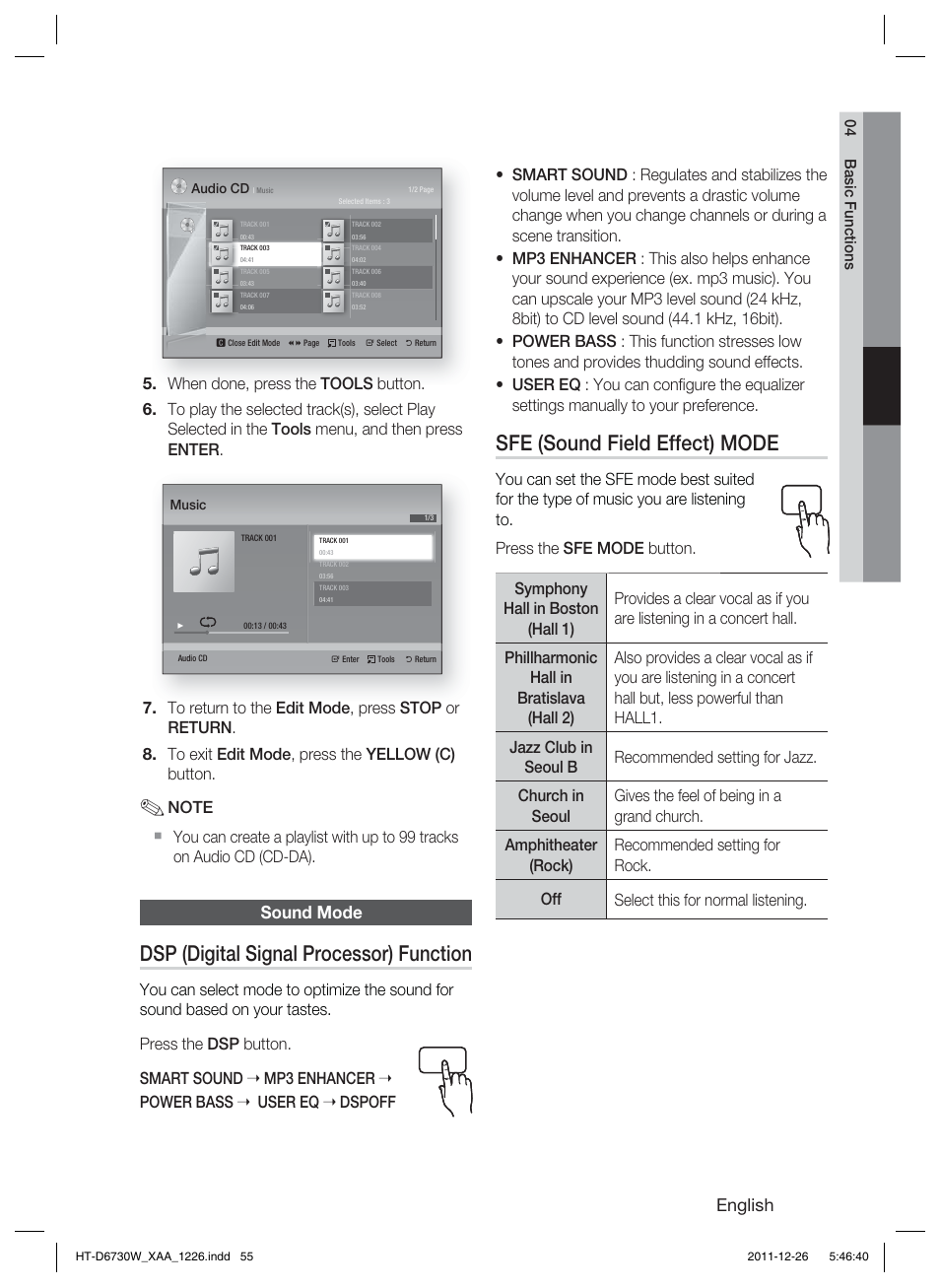 Dsp (digital signal processor) function, Sfe (sound field effect) mode, English | Sound mode | Samsung HT-D6730W-ZA User Manual | Page 55 / 87