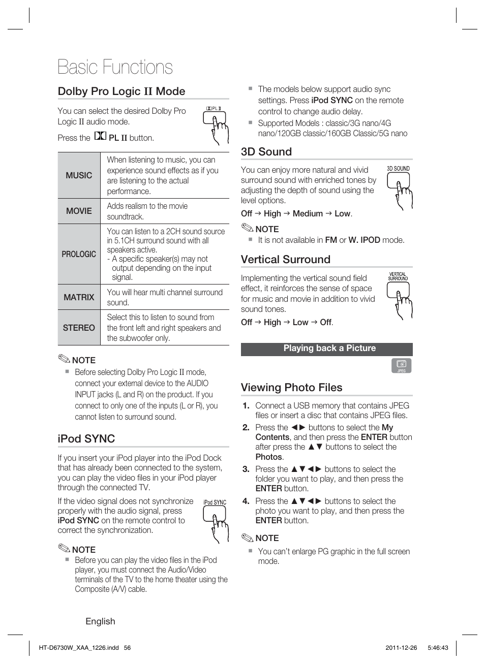 Basic functions | Samsung HT-D6730W-ZA User Manual | Page 56 / 87