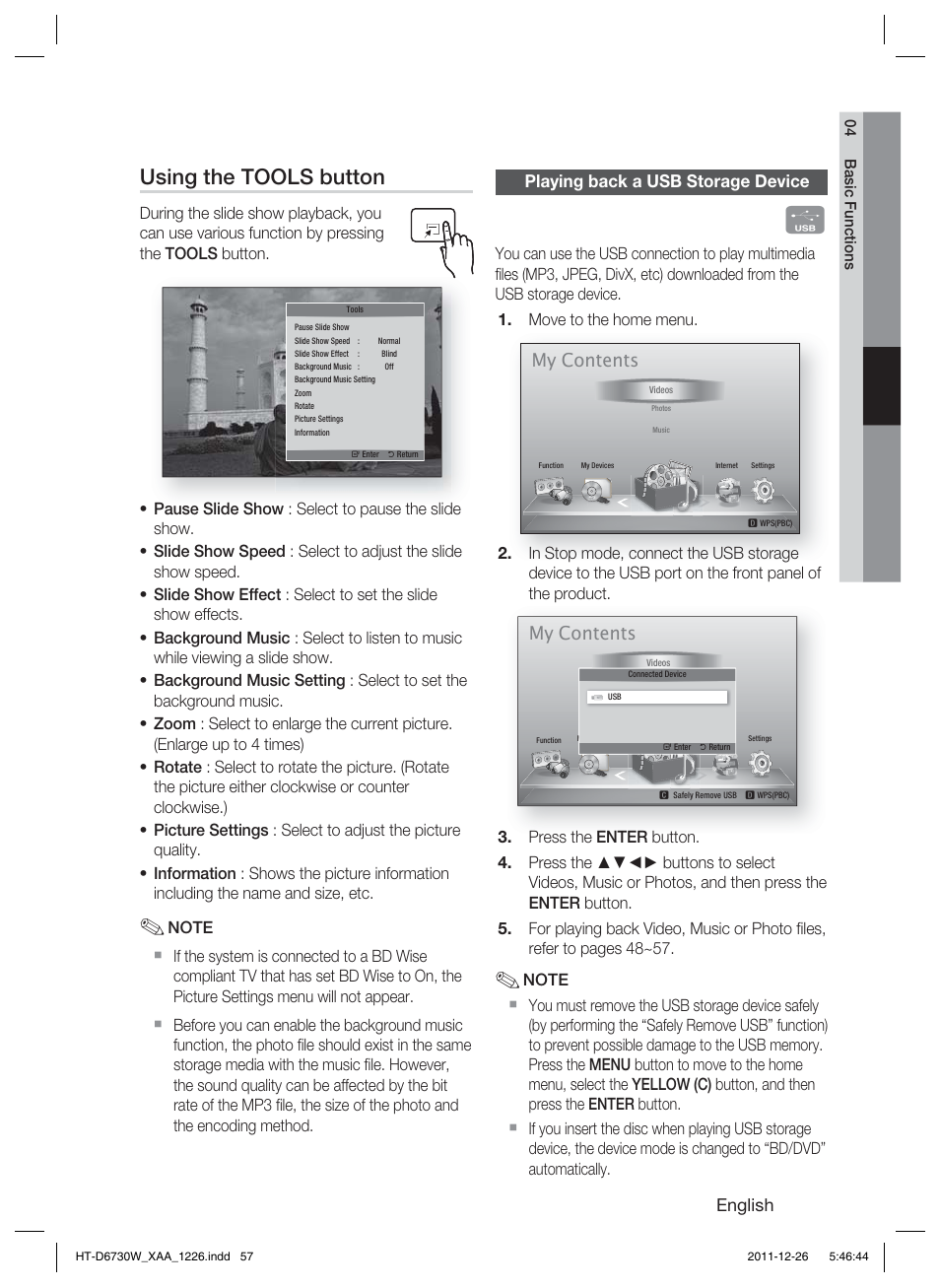 Using the tools button, My contents | Samsung HT-D6730W-ZA User Manual | Page 57 / 87