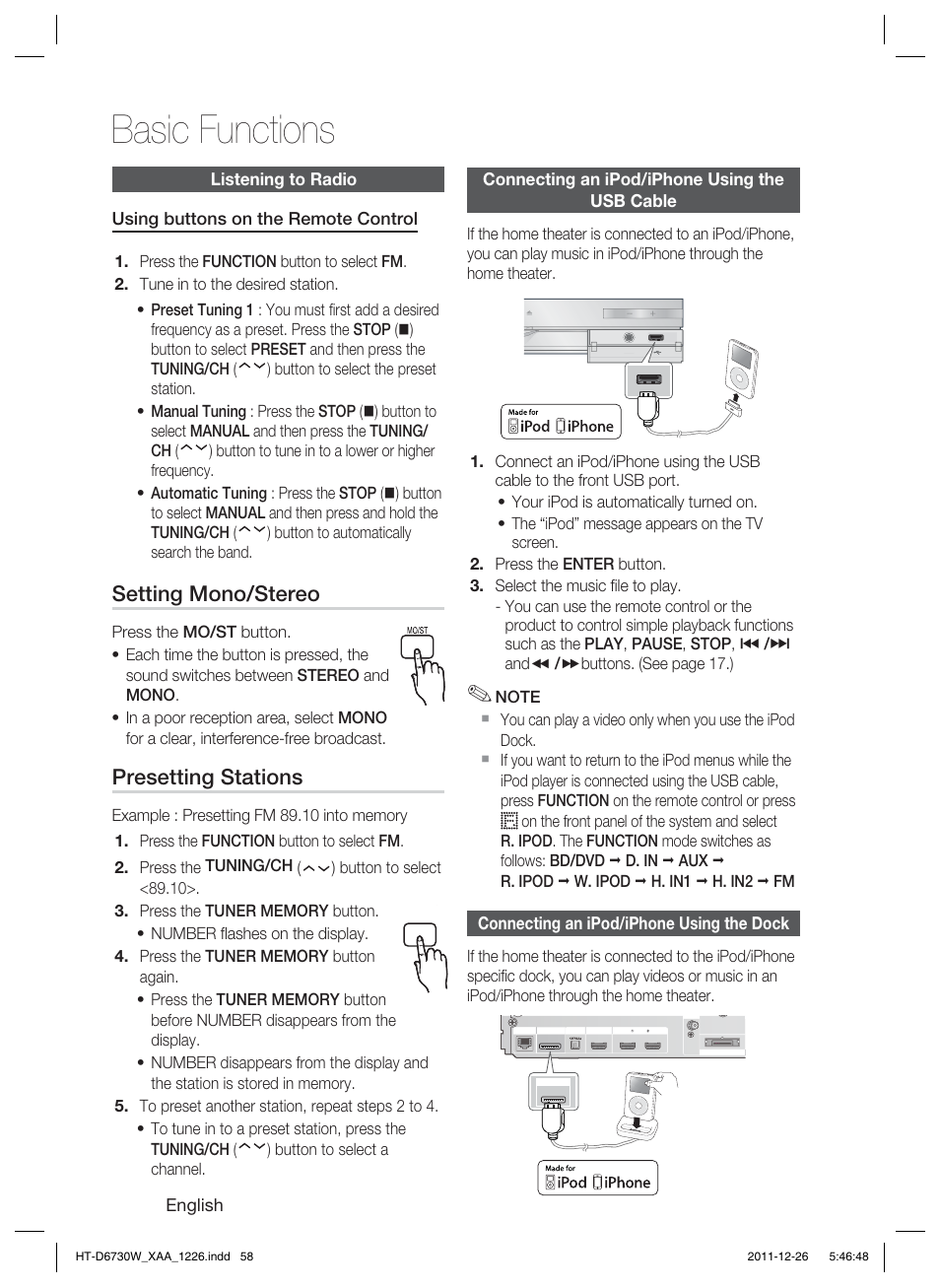 Basic functions, Setting mono/stereo, Presetting stations | English, Connecting an ipod/iphone using the usb cable, Connecting an ipod/iphone using the dock | Samsung HT-D6730W-ZA User Manual | Page 58 / 87