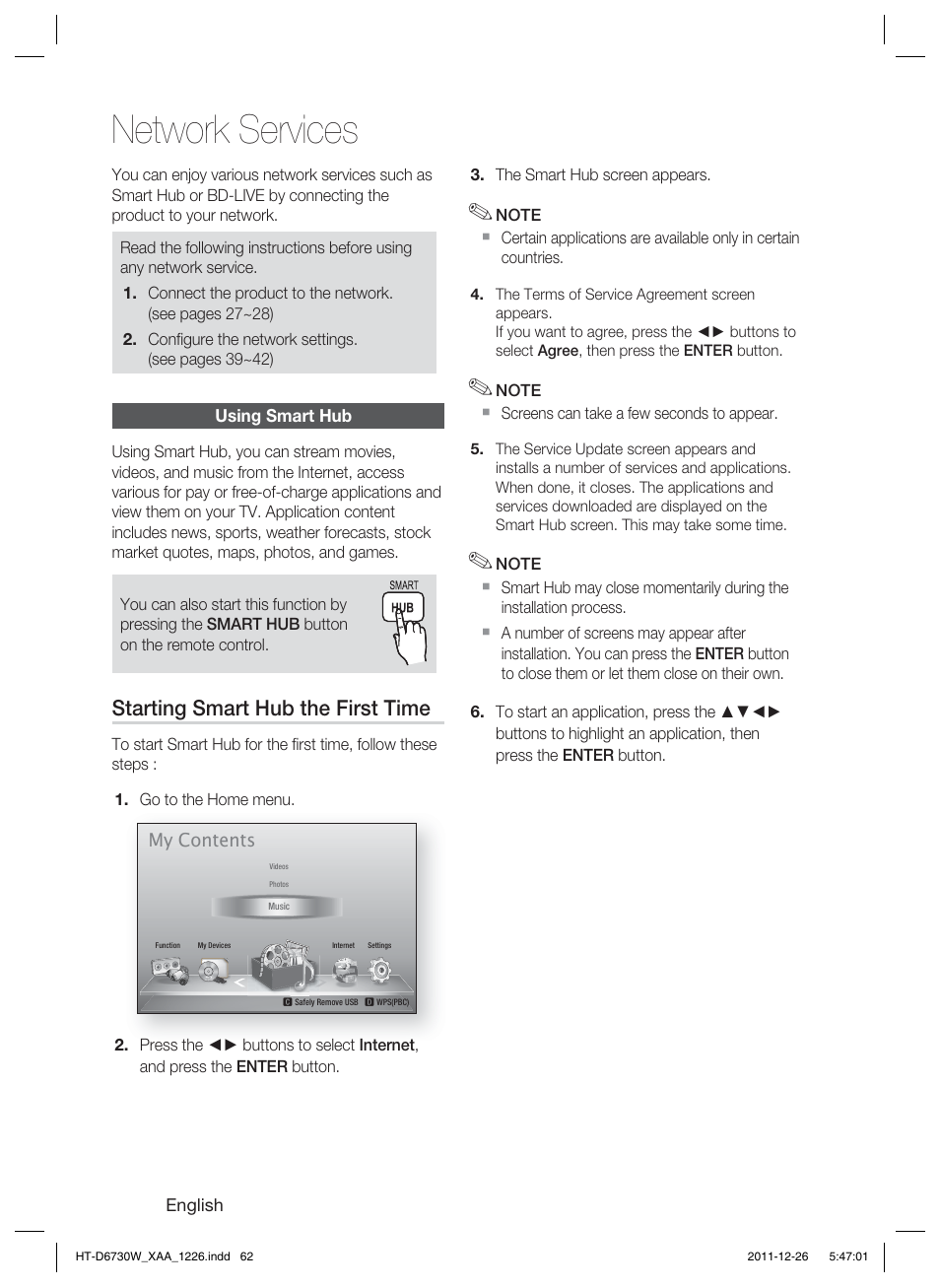 Network services, Starting smart hub the first time | Samsung HT-D6730W-ZA User Manual | Page 62 / 87