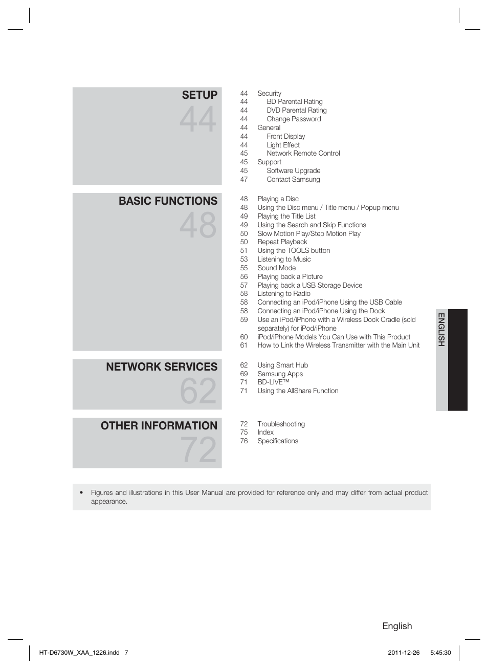 Setup, Basic functions, Network services | Other information | Samsung HT-D6730W-ZA User Manual | Page 7 / 87