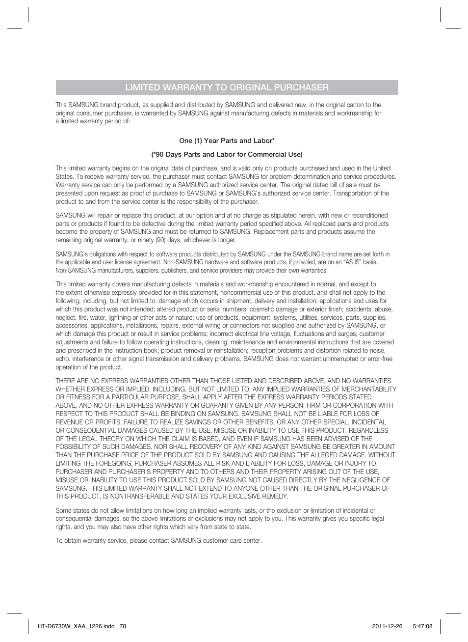 Limited warranty to original purchaser | Samsung HT-D6730W-ZA User Manual | Page 85 / 87