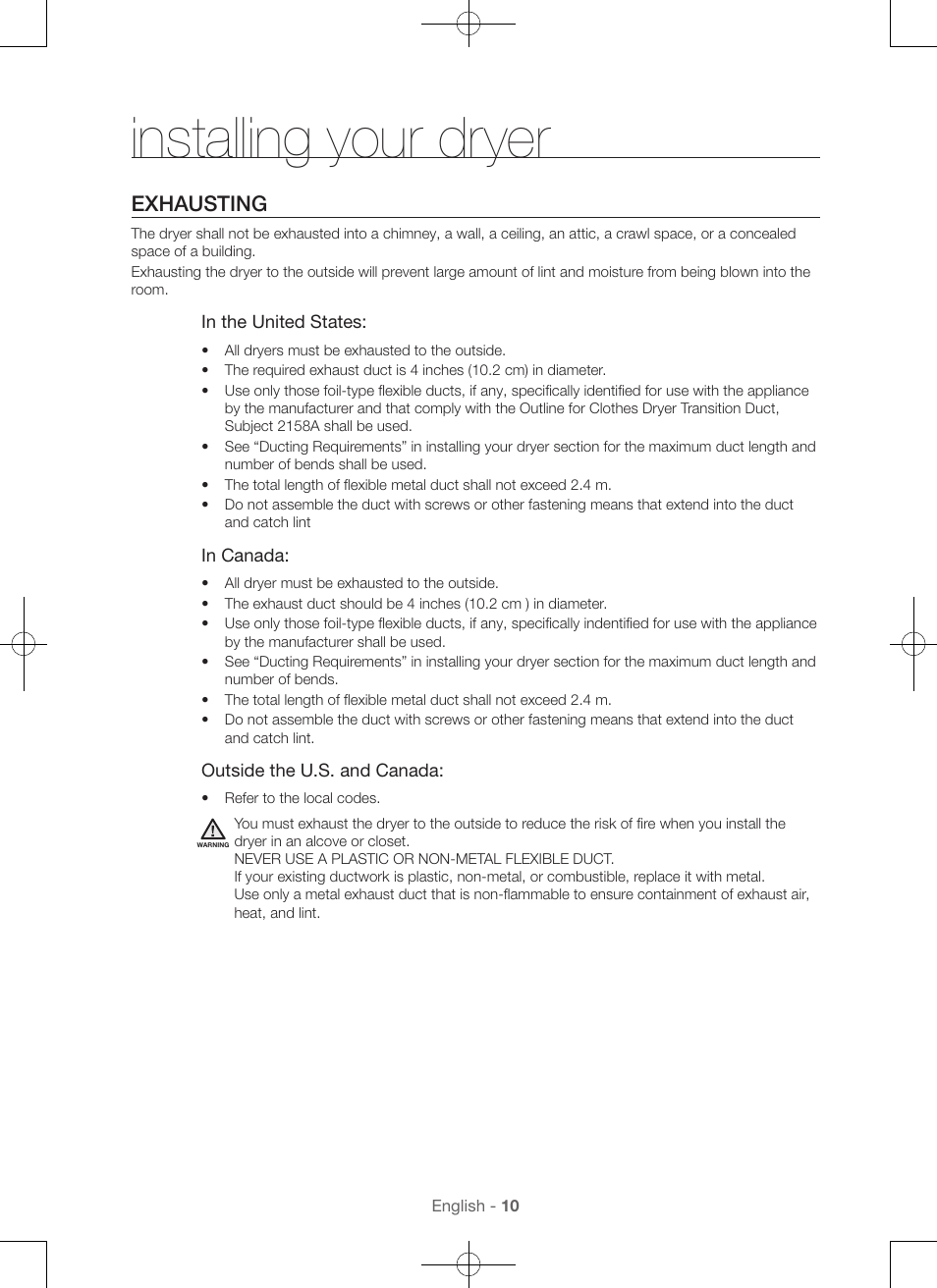 Installing your dryer, Exhausting | Samsung DV56H9000EW-A2 User Manual | Page 10 / 120