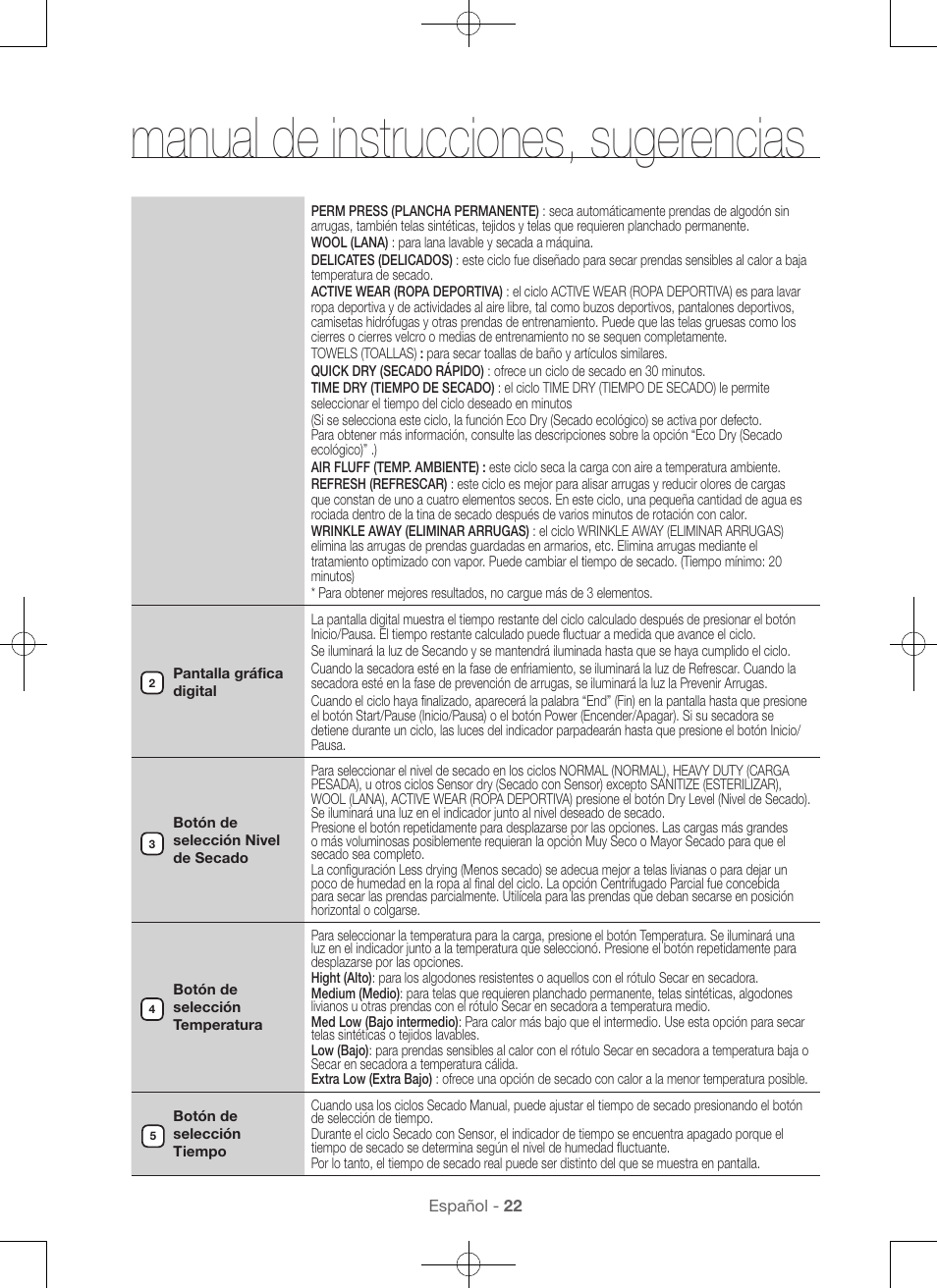 Manual de instrucciones, sugerencias | Samsung DV56H9000EW-A2 User Manual | Page 102 / 120