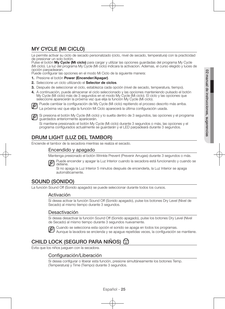 My cycle (mi ciclo), Drum light (luz del tambor), Sound (sonido) | Child lock (seguro para niños), Encendido y apagado, Activación, Desactivación, Configuración/liberación | Samsung DV56H9000EW-A2 User Manual | Page 105 / 120