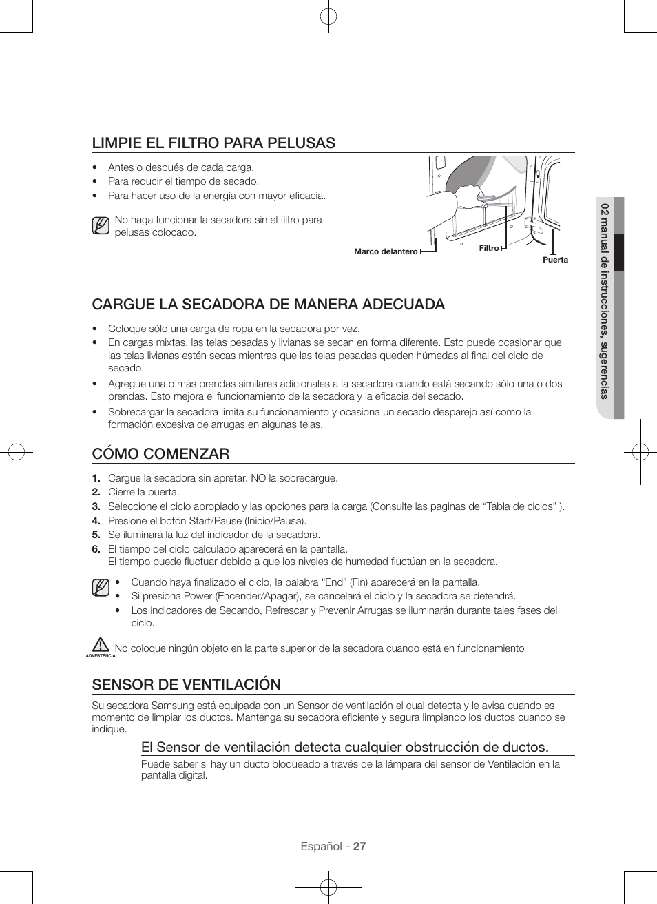 Limpie el filtro para pelusas, Cargue la secadora de manera adecuada, Cómo comenzar | Sensor de ventilación | Samsung DV56H9000EW-A2 User Manual | Page 107 / 120