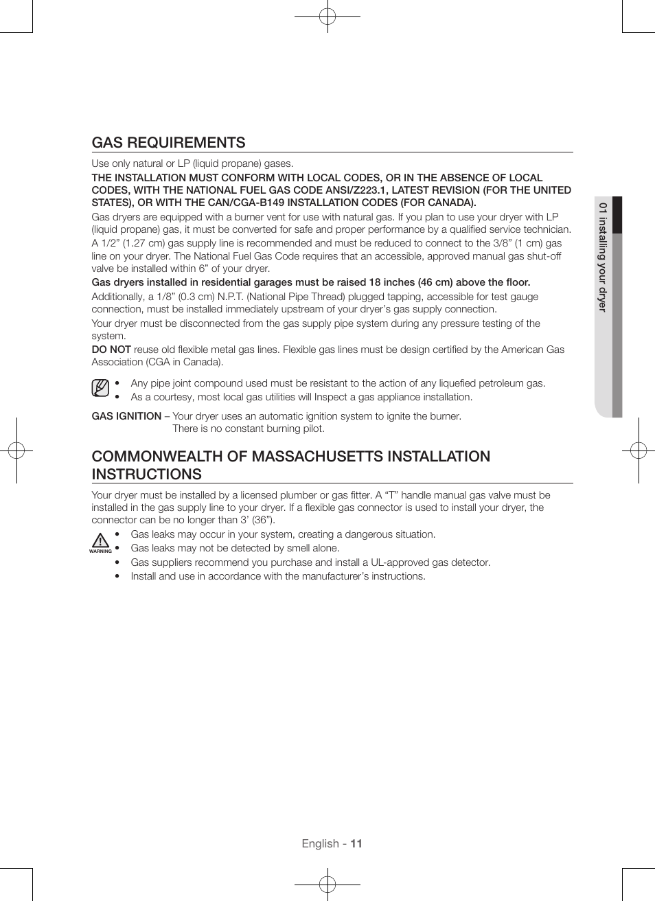 Gas requirements | Samsung DV56H9000EW-A2 User Manual | Page 11 / 120