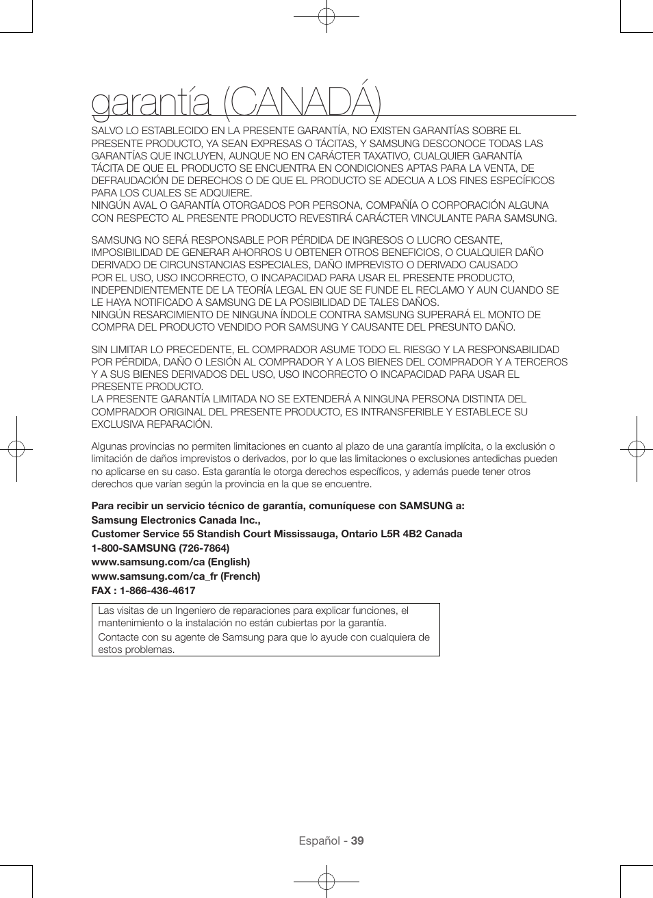 Garantía (canadá) | Samsung DV56H9000EW-A2 User Manual | Page 119 / 120
