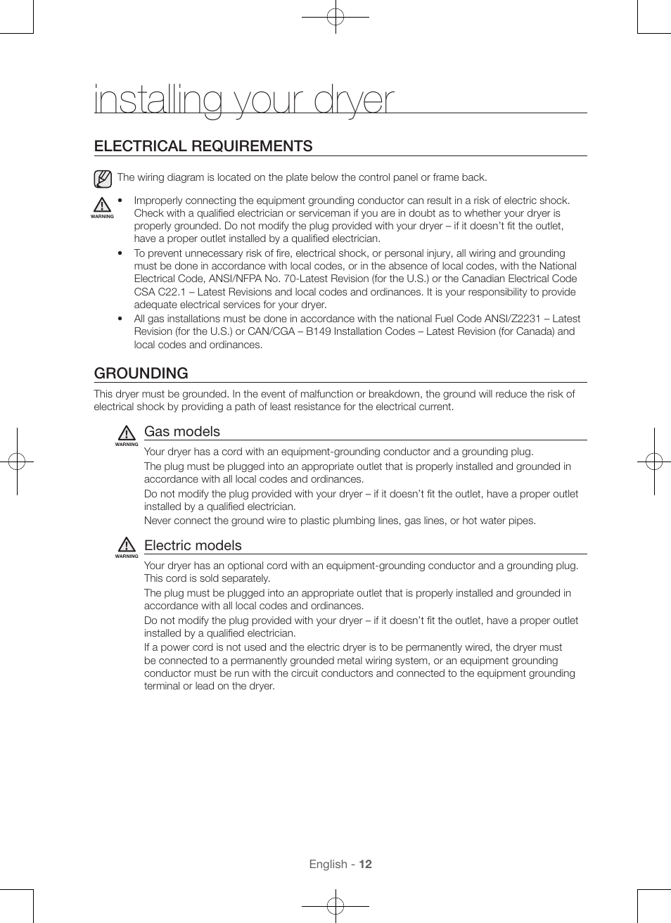 Installing your dryer, Electrical requirements, Grounding | Gas models, Electric models | Samsung DV56H9000EW-A2 User Manual | Page 12 / 120