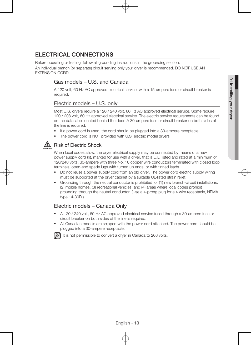 Electrical connections, Gas models – u.s. and canada, Electric models – u.s. only | Electric models – canada only | Samsung DV56H9000EW-A2 User Manual | Page 13 / 120