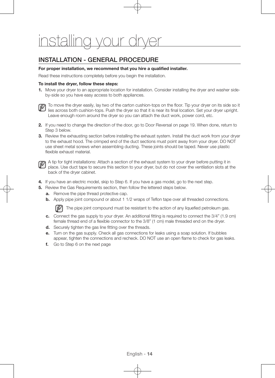 Installing your dryer, Installation - general procedure | Samsung DV56H9000EW-A2 User Manual | Page 14 / 120