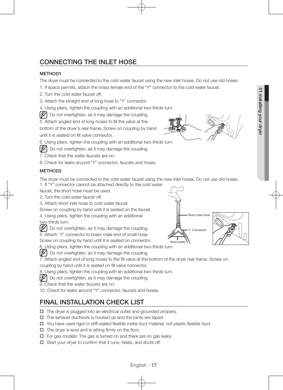Connecting the inlet hose, Final installation check list | Samsung DV56H9000EW-A2 User Manual | Page 17 / 120