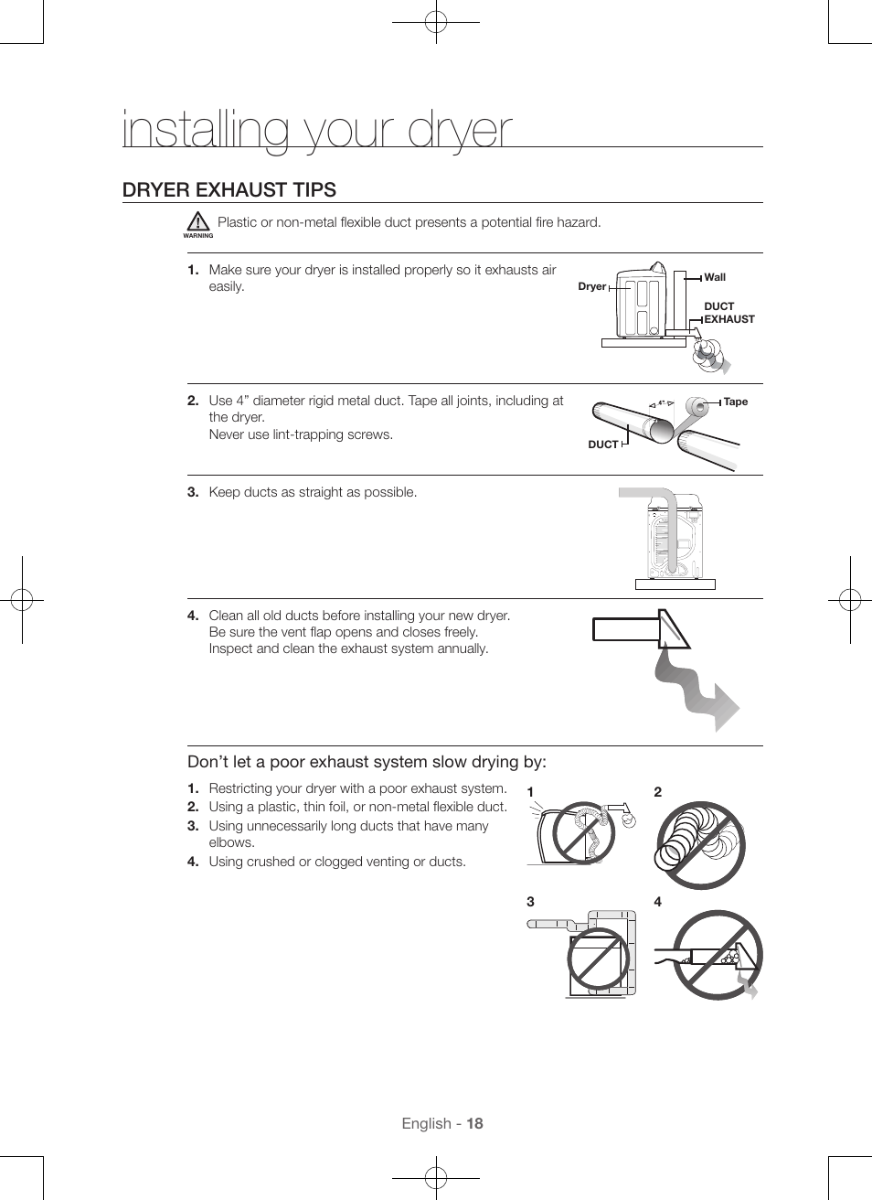 Installing your dryer, Dryer exhaust tips | Samsung DV56H9000EW-A2 User Manual | Page 18 / 120