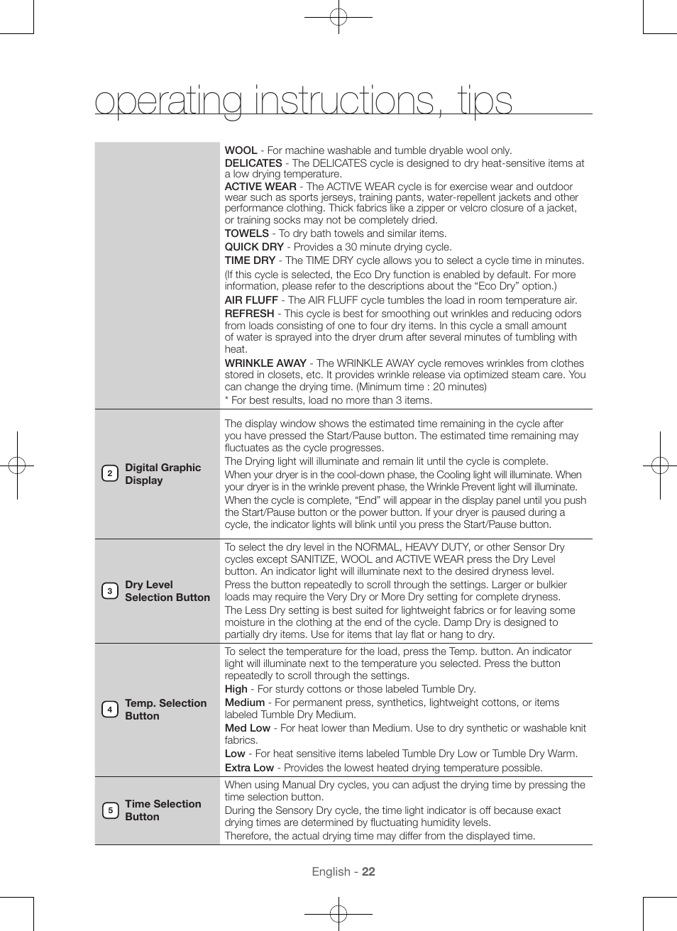 Operating instructions, tips | Samsung DV56H9000EW-A2 User Manual | Page 22 / 120