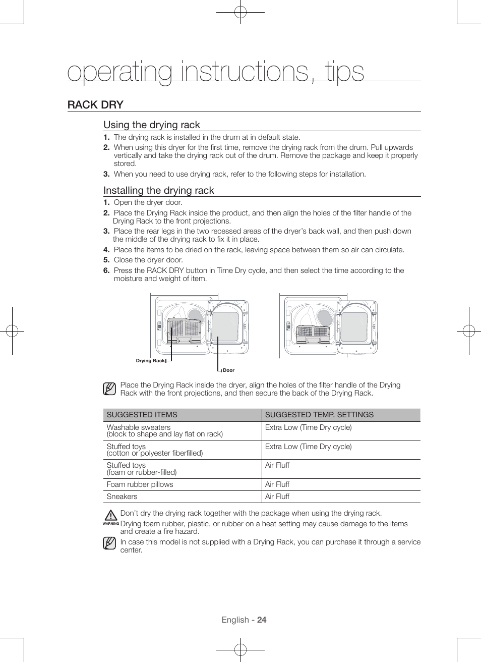 Operating instructions, tips, Rack dry, Using the drying rack | Installing the drying rack | Samsung DV56H9000EW-A2 User Manual | Page 24 / 120