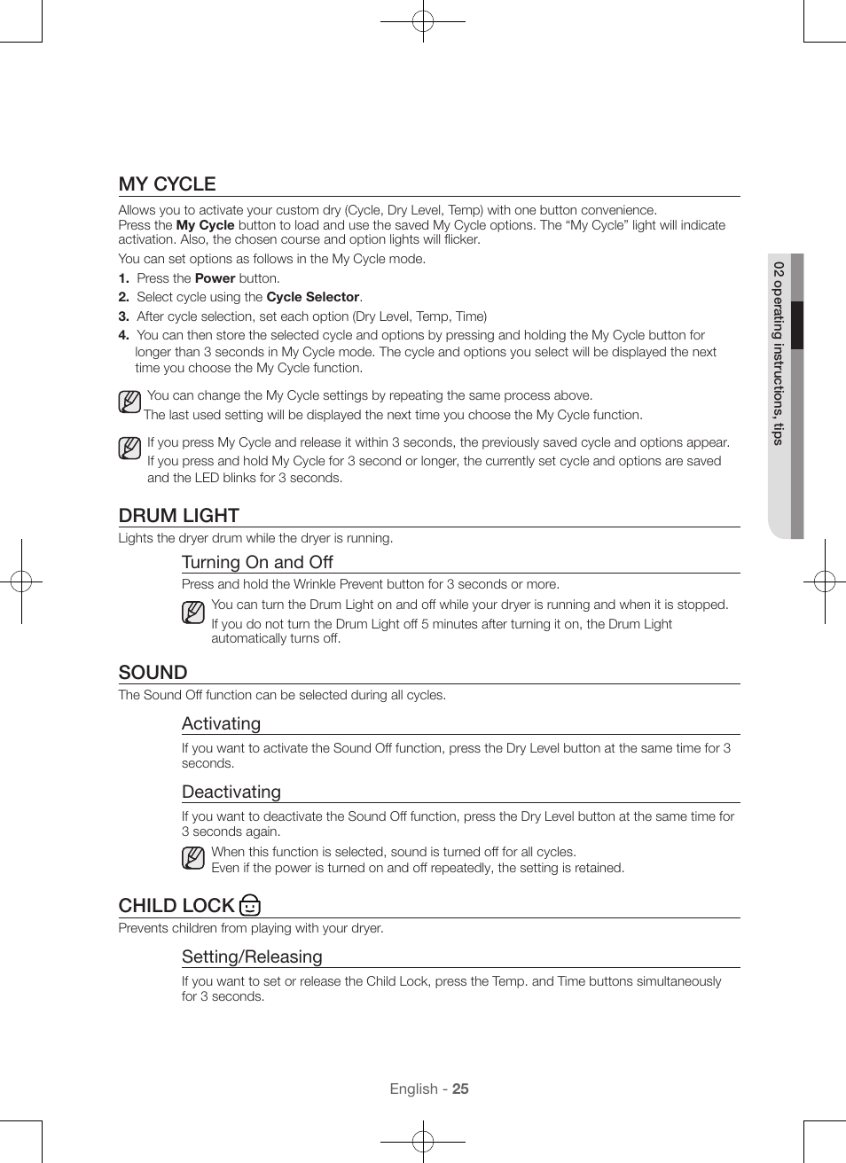 My cycle, Drum light, Sound | Child lock, Turning on and off, Activating, Deactivating, Setting/releasing | Samsung DV56H9000EW-A2 User Manual | Page 25 / 120