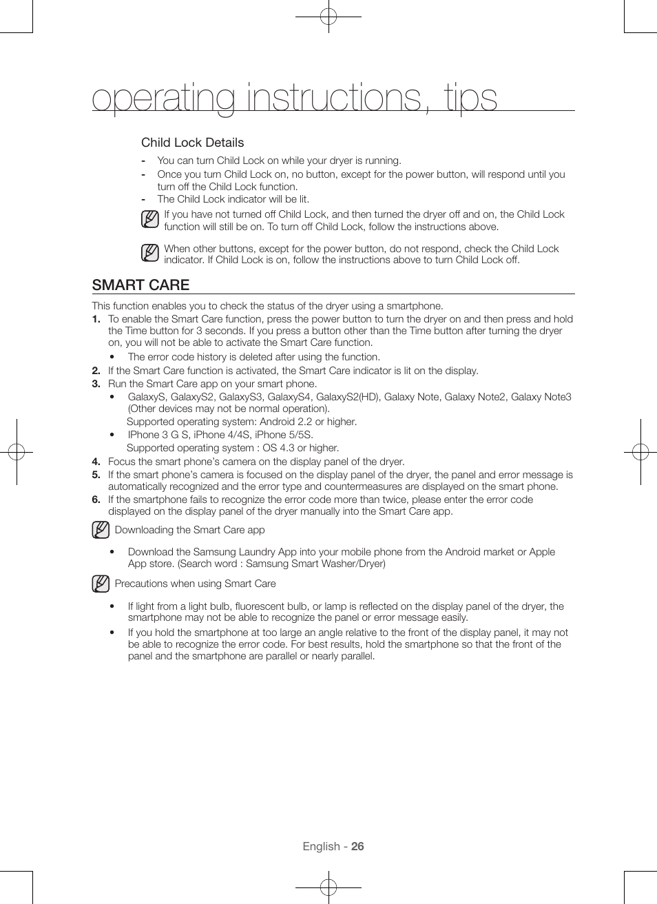 Operating instructions, tips, Smart care | Samsung DV56H9000EW-A2 User Manual | Page 26 / 120