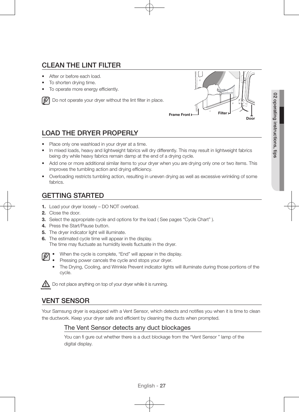 Clean the lint filter, Load the dryer properly, Getting started | Vent sensor, The vent sensor detects any duct blockages | Samsung DV56H9000EW-A2 User Manual | Page 27 / 120