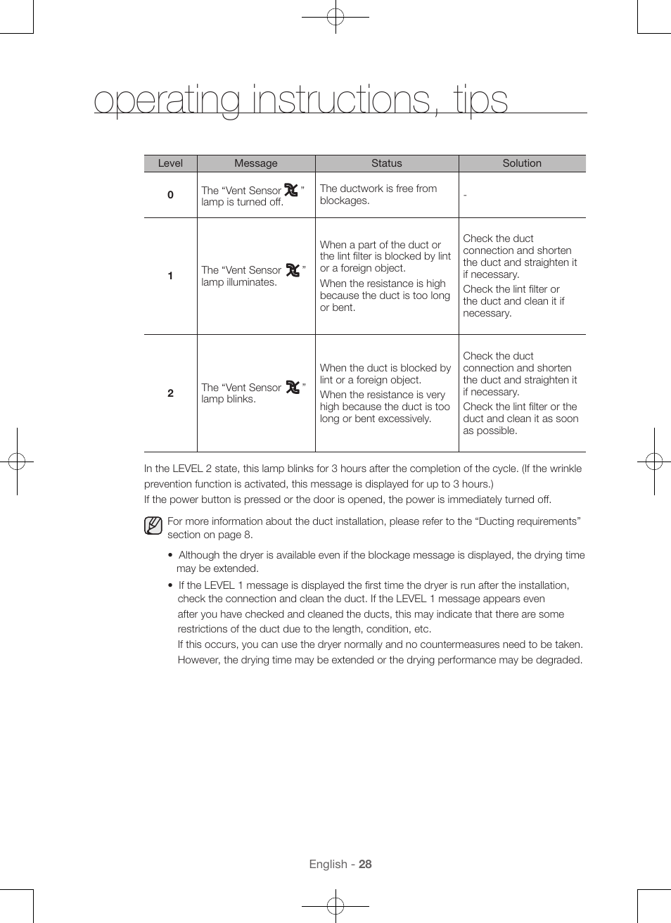 Operating instructions, tips | Samsung DV56H9000EW-A2 User Manual | Page 28 / 120