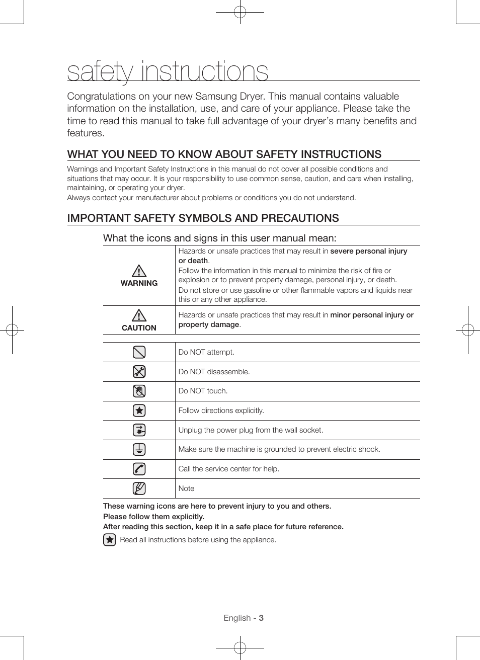 Safety instructions, What you need to know about safety instructions, Important safety symbols and precautions | Samsung DV56H9000EW-A2 User Manual | Page 3 / 120
