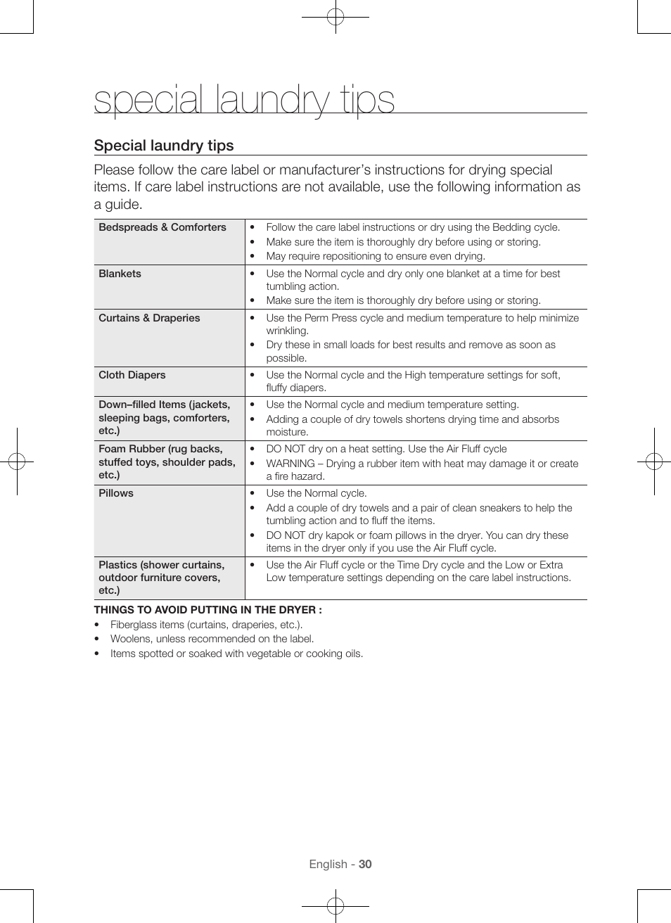 Special laundry tips | Samsung DV56H9000EW-A2 User Manual | Page 30 / 120