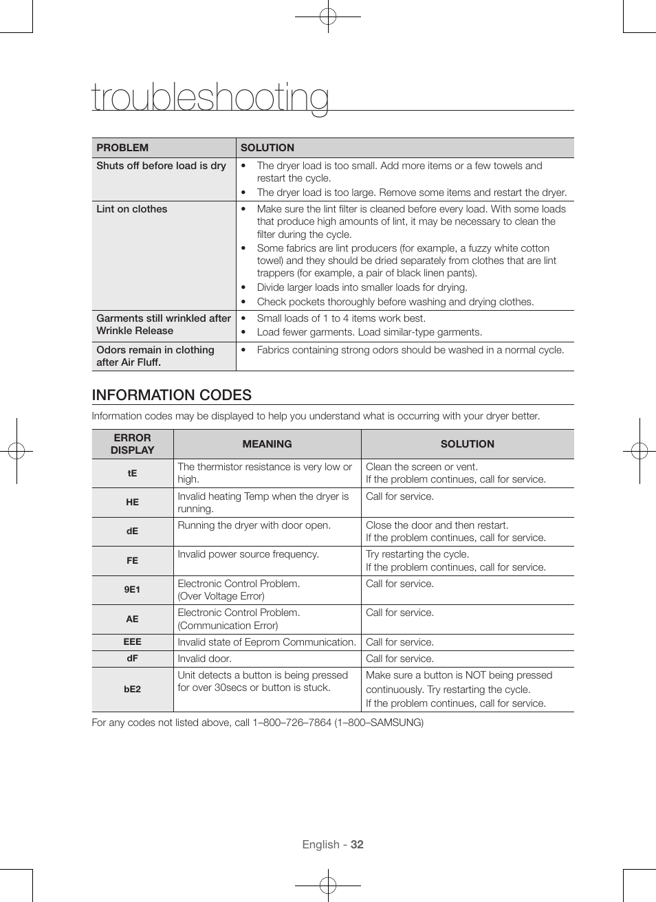Troubleshooting, Information codes | Samsung DV56H9000EW-A2 User Manual | Page 32 / 120