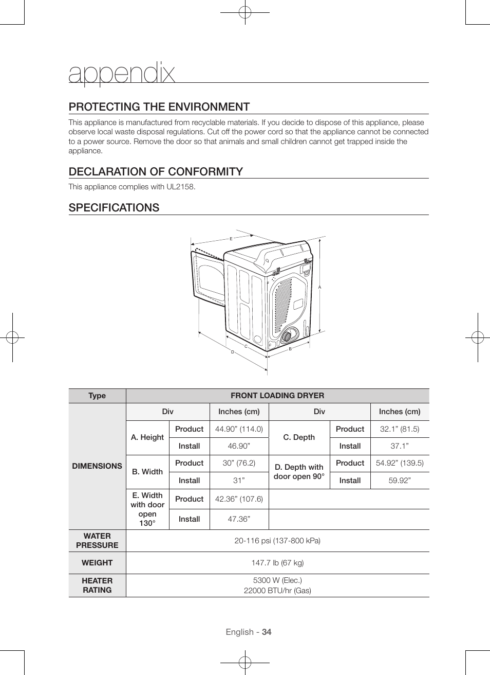 Appendix, Protecting the environment, Declaration of conformity | Specifications | Samsung DV56H9000EW-A2 User Manual | Page 34 / 120