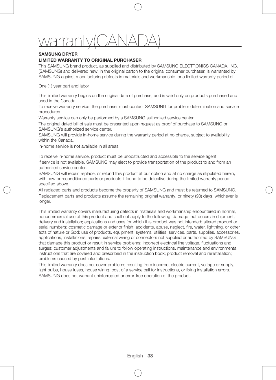 Warranty(canada) | Samsung DV56H9000EW-A2 User Manual | Page 38 / 120