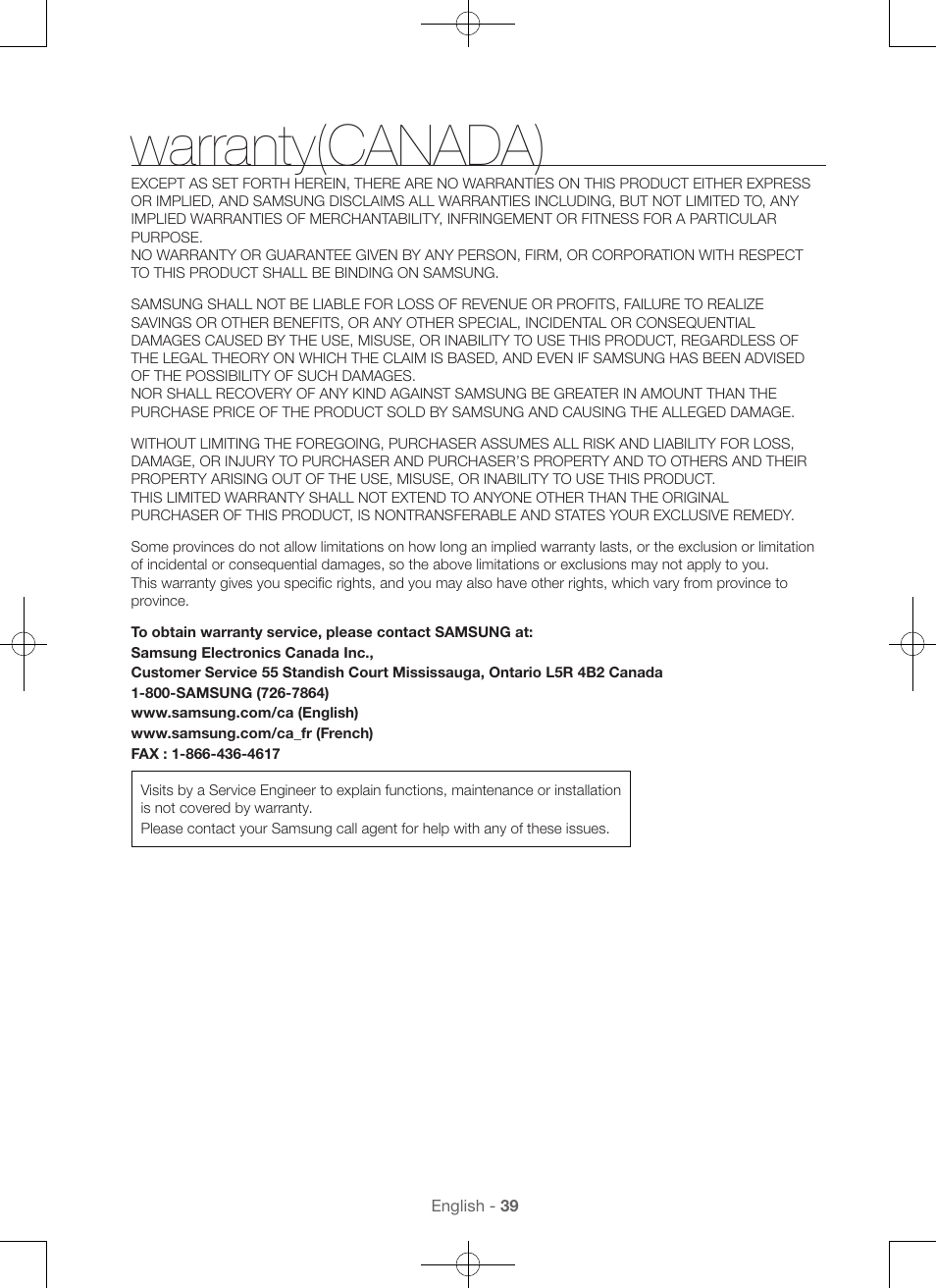 Warranty(canada) | Samsung DV56H9000EW-A2 User Manual | Page 39 / 120