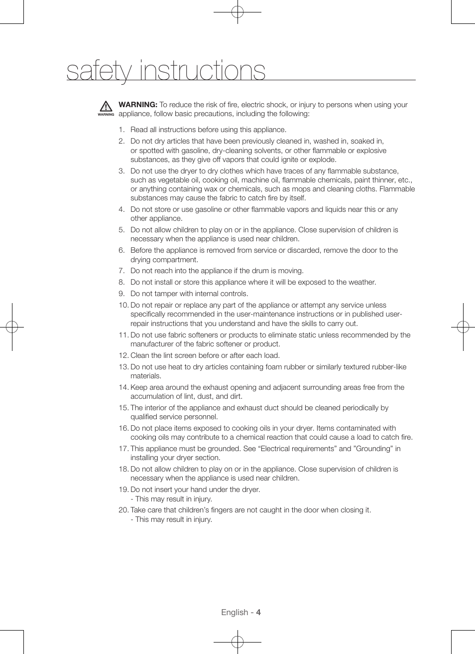 Safety instructions | Samsung DV56H9000EW-A2 User Manual | Page 4 / 120