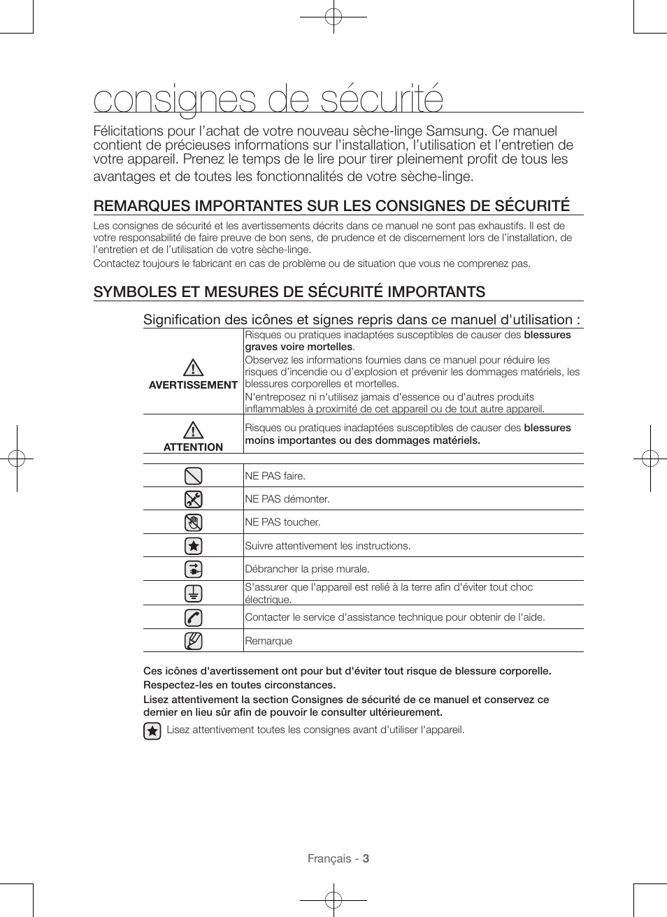 Consignes de sécurité, Symboles et mesures de sécurité importants | Samsung DV56H9000EW-A2 User Manual | Page 43 / 120