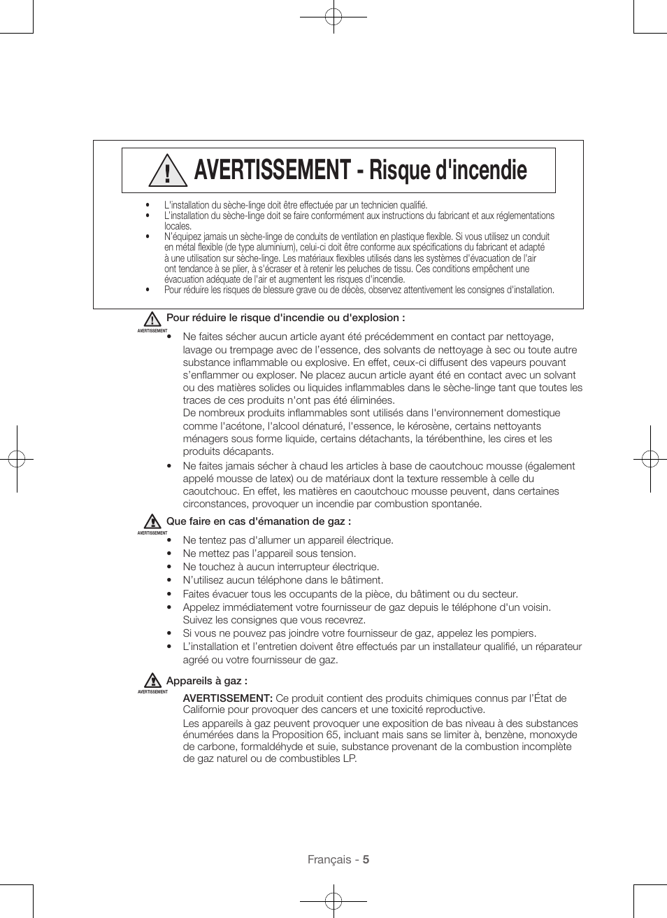 Avertissement - risque d'incendie | Samsung DV56H9000EW-A2 User Manual | Page 45 / 120