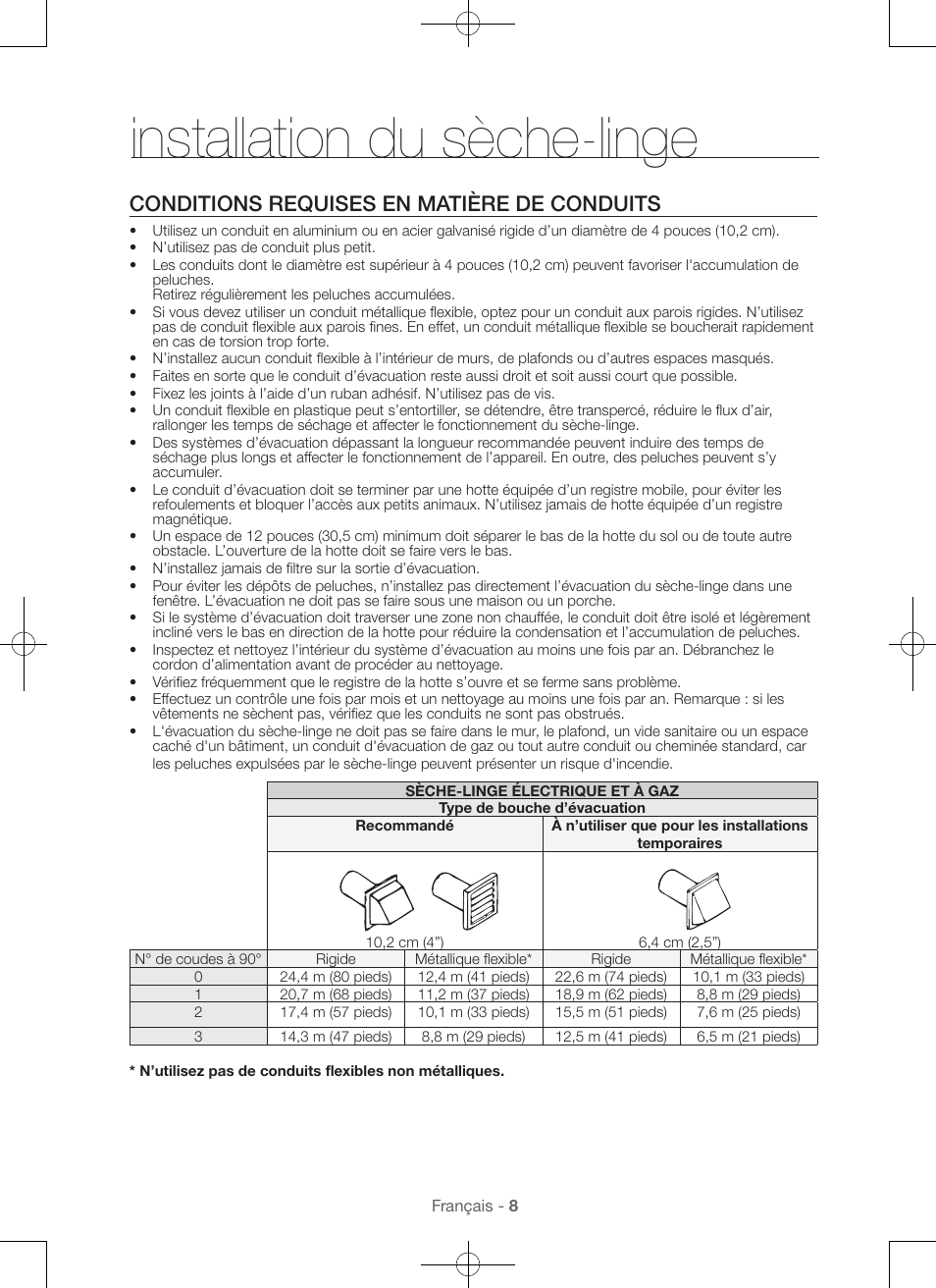 Installation du sèche-linge, Conditions requises en matière de conduits | Samsung DV56H9000EW-A2 User Manual | Page 48 / 120