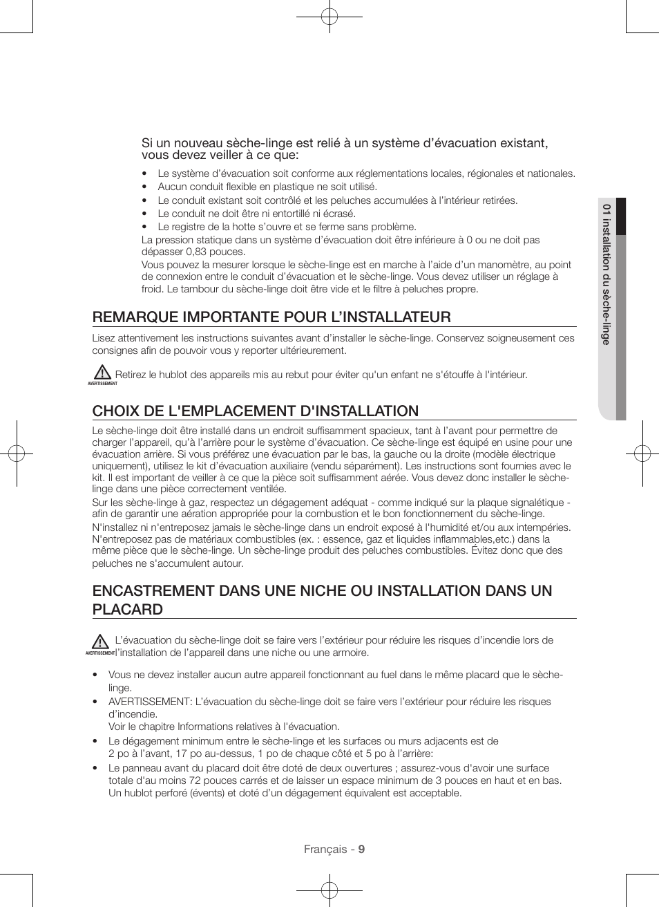 Remarque importante pour l’installateur, Choix de l'emplacement d'installation | Samsung DV56H9000EW-A2 User Manual | Page 49 / 120
