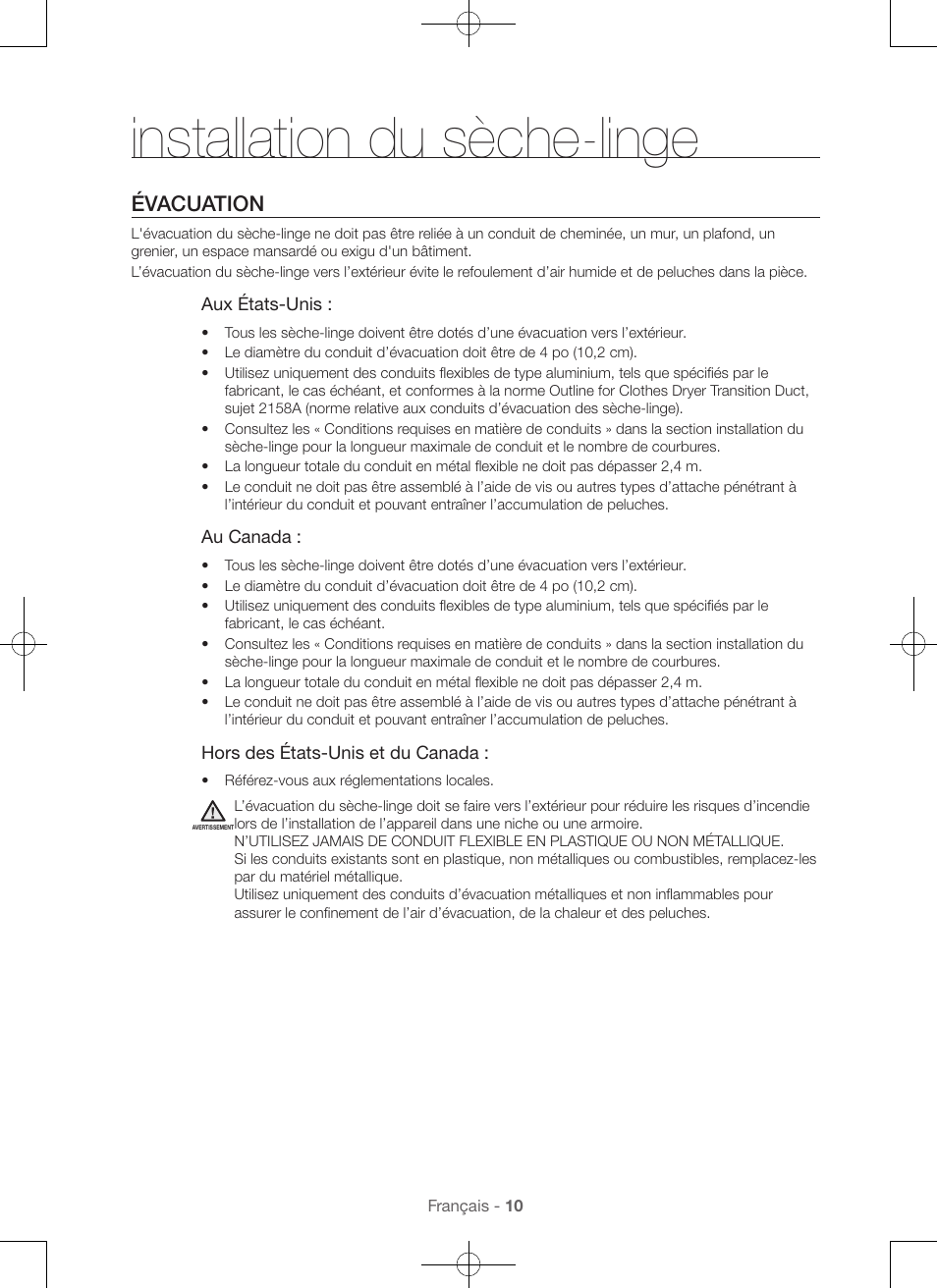 Installation du sèche-linge, Évacuation | Samsung DV56H9000EW-A2 User Manual | Page 50 / 120
