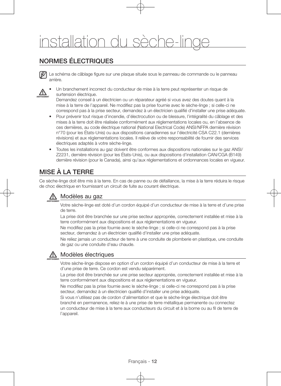 Installation du sèche-linge, Normes électriques, Mise à la terre | Modèles au gaz, Modèles électriques | Samsung DV56H9000EW-A2 User Manual | Page 52 / 120