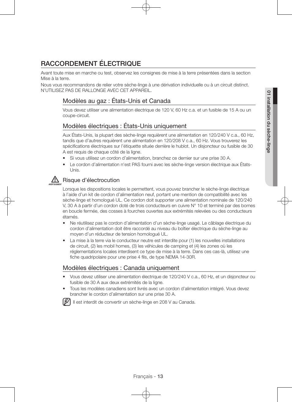 Raccordement électrique, Modèles au gaz : états-unis et canada, Modèles électriques : états-unis uniquement | Modèles électriques : canada uniquement | Samsung DV56H9000EW-A2 User Manual | Page 53 / 120