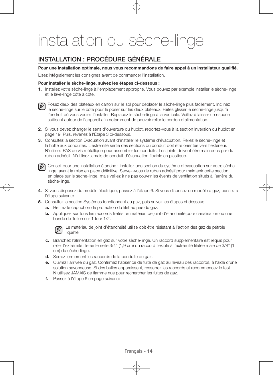 Installation du sèche-linge, Installation : procédure générale | Samsung DV56H9000EW-A2 User Manual | Page 54 / 120