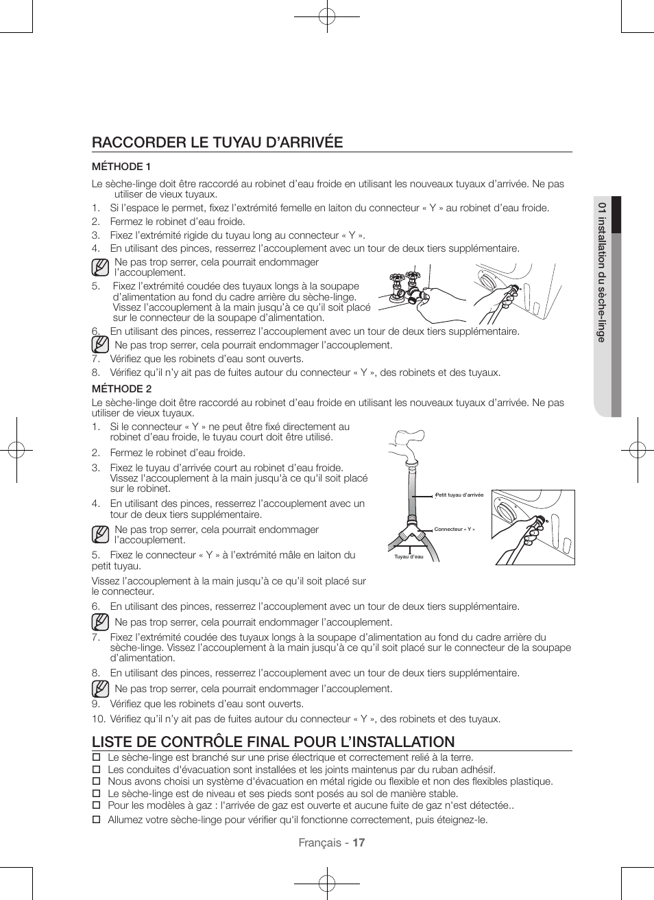 Raccorder le tuyau d’arrivée, Liste de contrôle final pour l’installation | Samsung DV56H9000EW-A2 User Manual | Page 57 / 120
