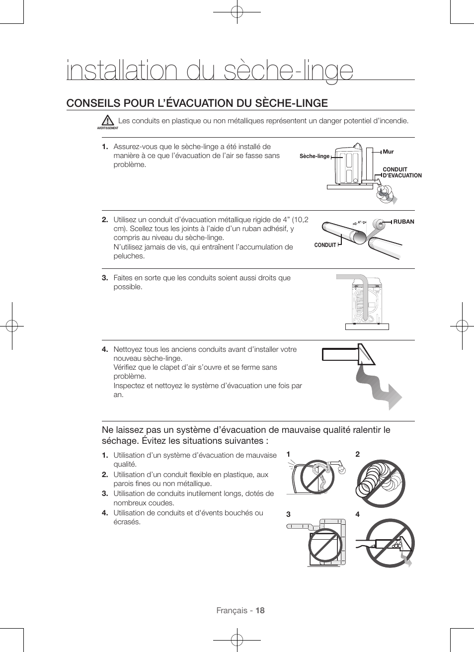 Installation du sèche-linge, Conseils pour l’évacuation du sèche-linge | Samsung DV56H9000EW-A2 User Manual | Page 58 / 120