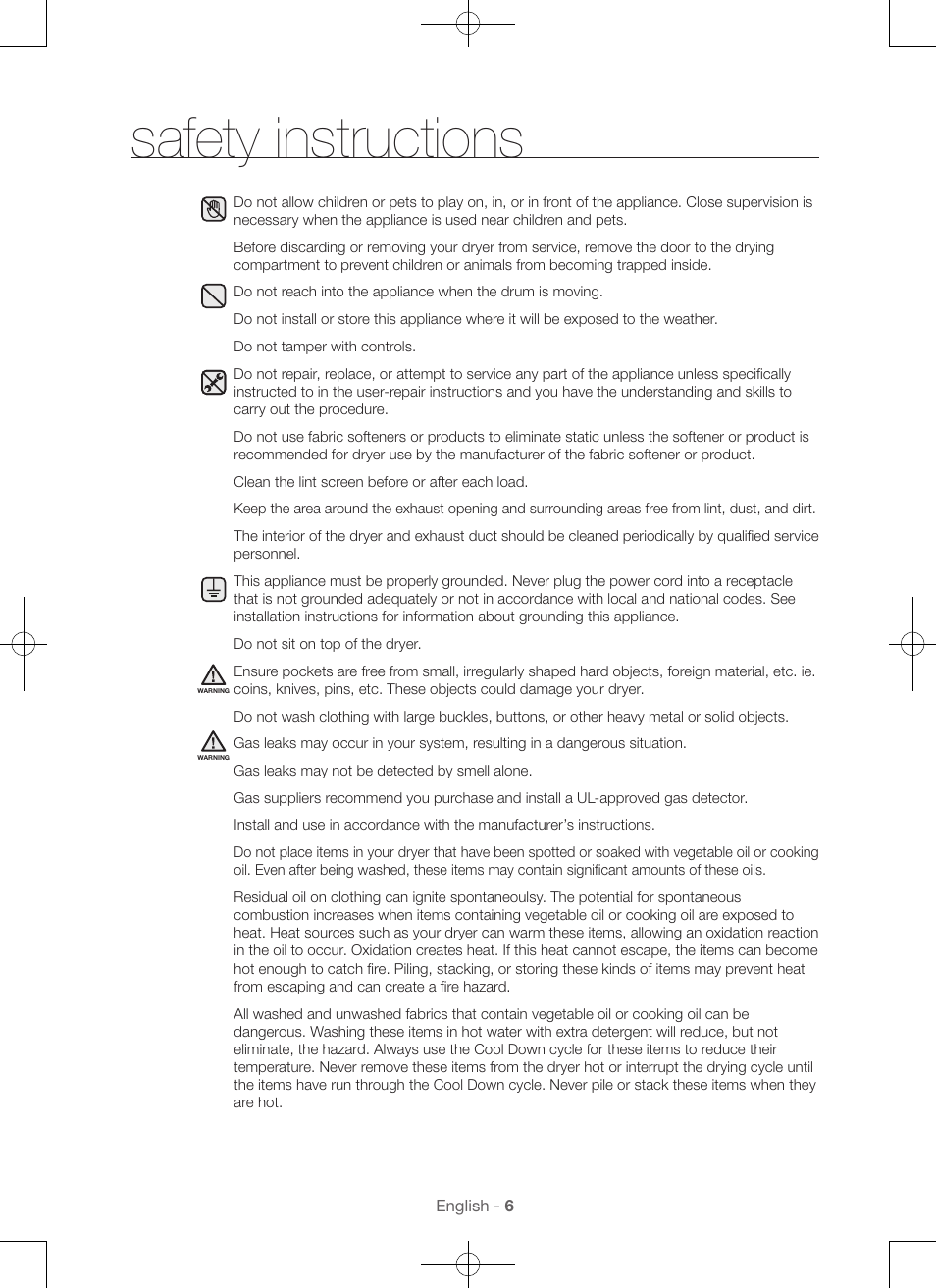 Safety instructions | Samsung DV56H9000EW-A2 User Manual | Page 6 / 120