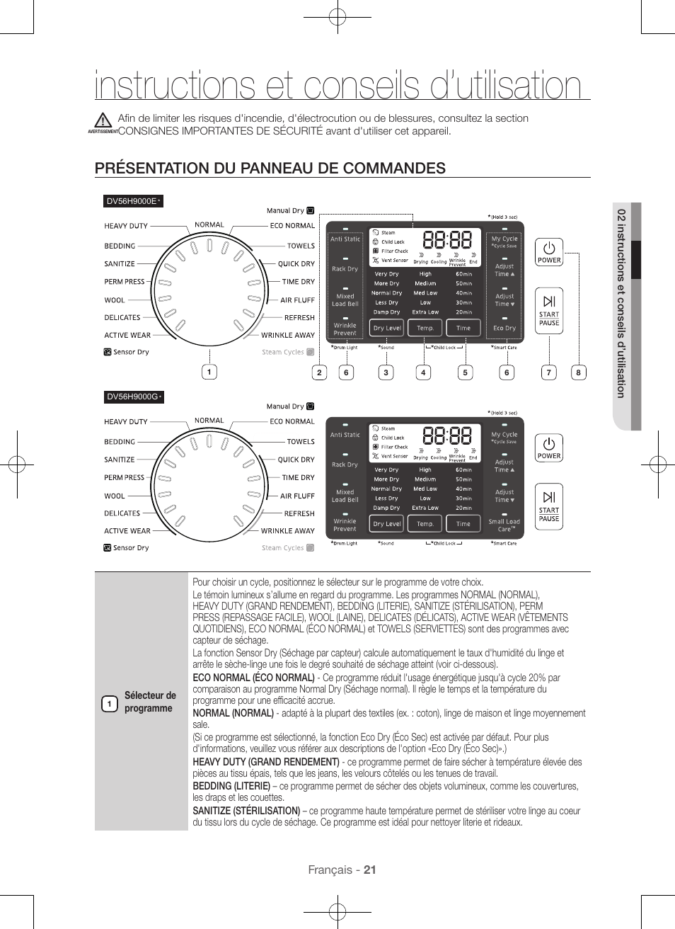 Instructions et conseils d’utilisation, Présentation du panneau de commandes | Samsung DV56H9000EW-A2 User Manual | Page 61 / 120