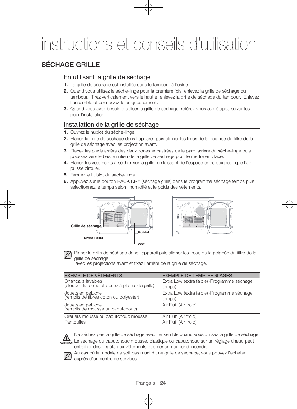 Instructions et conseils d’utilisation, Séchage grille, En utilisant la grille de séchage | Installation de la grille de séchage | Samsung DV56H9000EW-A2 User Manual | Page 64 / 120