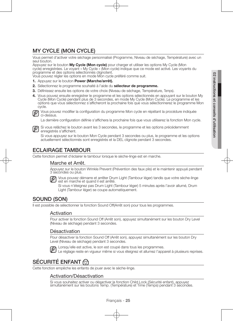 My cycle (mon cycle), Eclairage tambour, Sound (son) | Sécurité enfant, Marche et arrêt, Activation, Désactivation, Activation/désactivation | Samsung DV56H9000EW-A2 User Manual | Page 65 / 120
