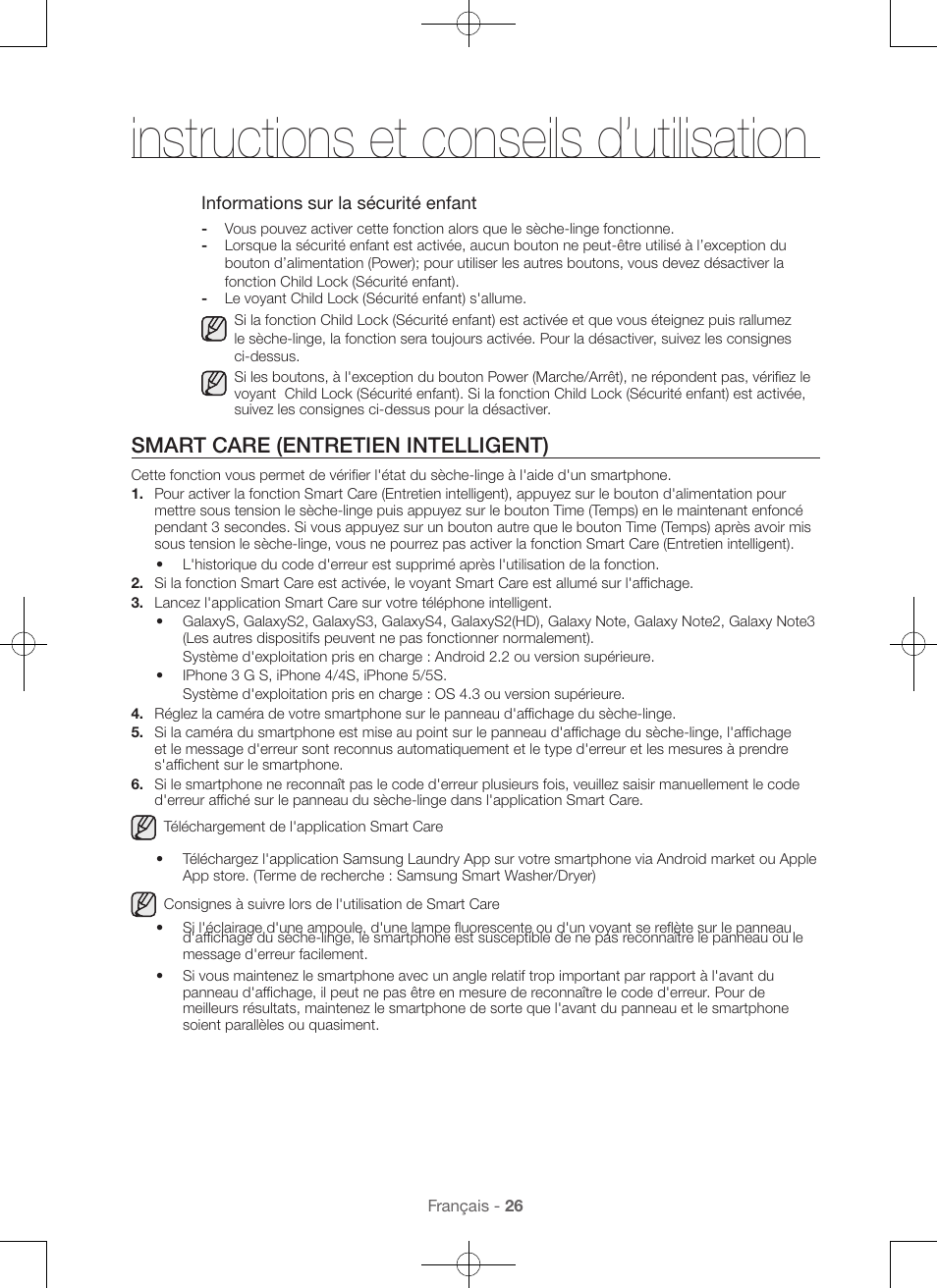 Instructions et conseils d’utilisation, Smart care (entretien intelligent) | Samsung DV56H9000EW-A2 User Manual | Page 66 / 120