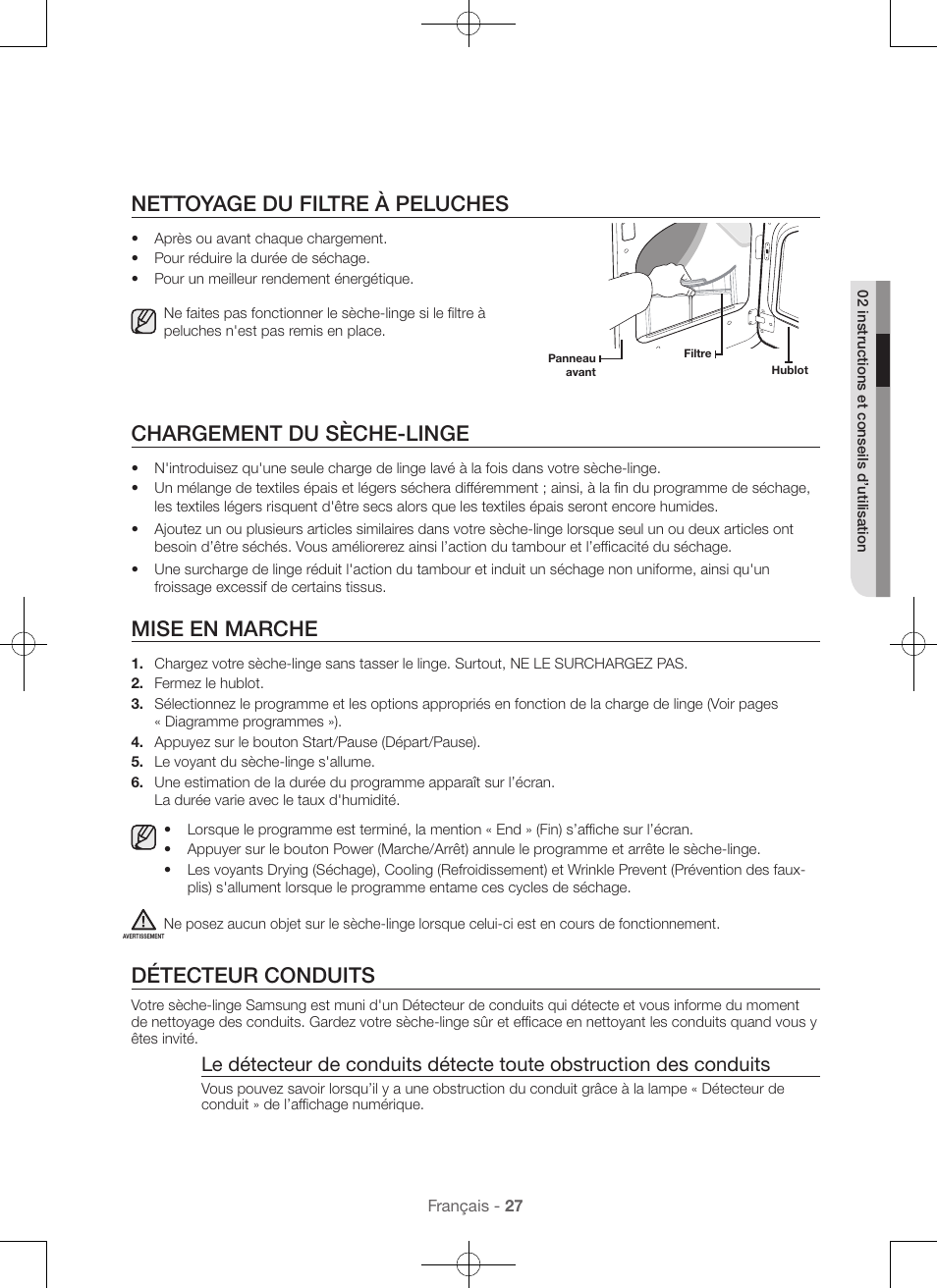 Nettoyage du filtre à peluches, Chargement du sèche-linge, Mise en marche | Détecteur conduits | Samsung DV56H9000EW-A2 User Manual | Page 67 / 120