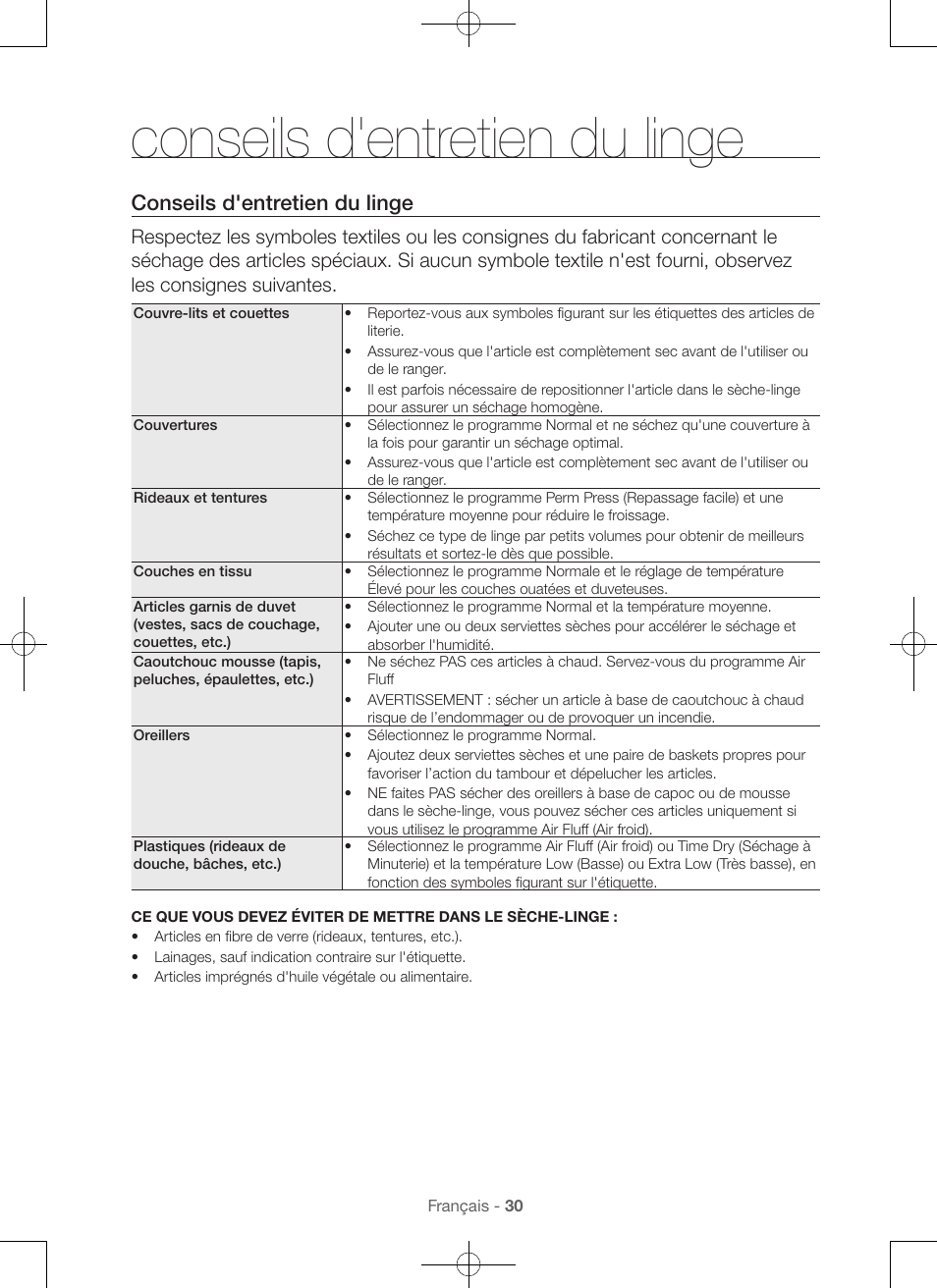 Conseils d'entretien du linge | Samsung DV56H9000EW-A2 User Manual | Page 70 / 120