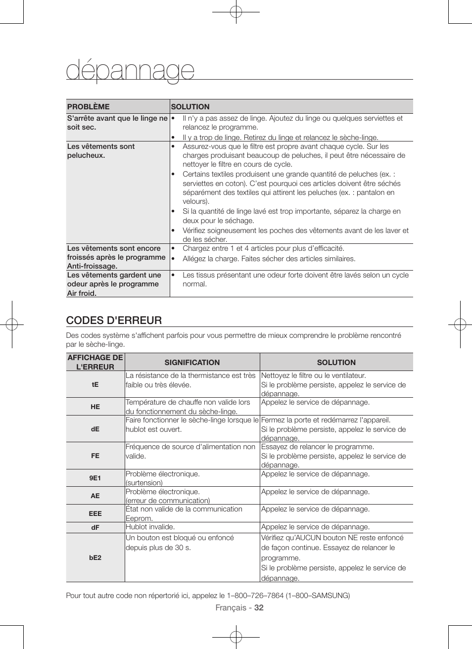 Dépannage, Codes d'erreur | Samsung DV56H9000EW-A2 User Manual | Page 72 / 120