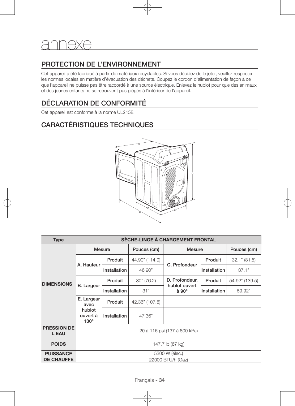 Annexe, Protection de l’environnement, Déclaration de conformité | Caractéristiques techniques | Samsung DV56H9000EW-A2 User Manual | Page 74 / 120